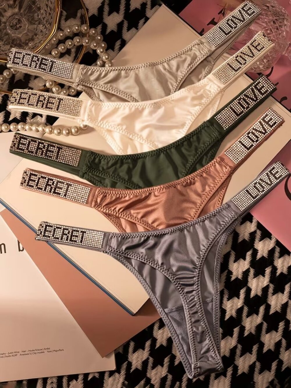 5 Pack Women’s Rhinestone Thong Panties Low Rise Soft Stretch Underwear